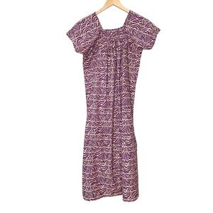 Handmade Muumuu Dress Short Sleeves Midi Purple Tan Swirl Print Women Hawaiian